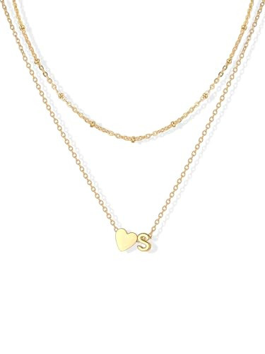 U7 Layered Heart Initial Necklace for Women,Dainty 14K Gold Plated Letter S Necklace Stack Small Initial Necklaces Adjustable 16"- 18" Valentines Birthday Personalized Jewelry Gifts | Amazon (US)