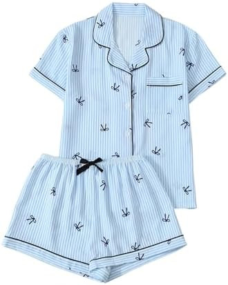 WDIRARA Women's Striped Bow Print Pajama Set Short Sleeve Button Down Shorts Pjs Sleepwear | Amazon (US)
