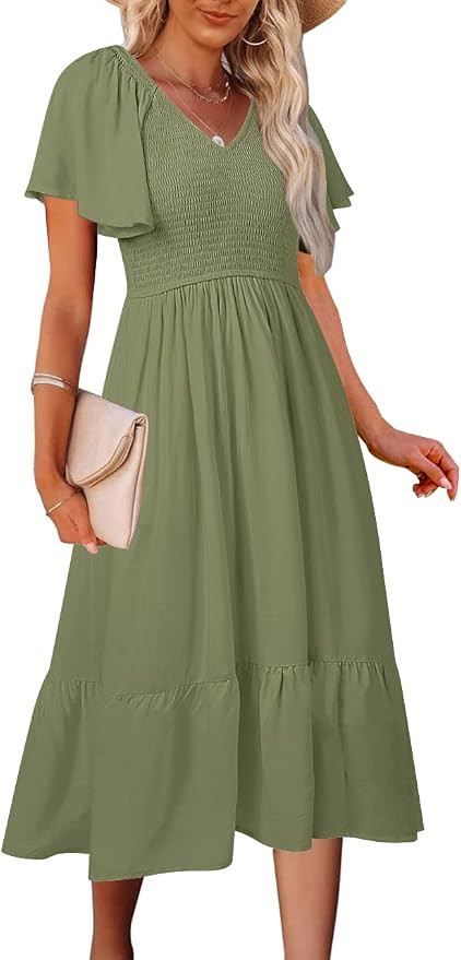 MEROKEETY Womens Summer Casual V Neck Ruffle Sleeve Smocked High Waist Midi Dress with Pockets | Amazon (US)