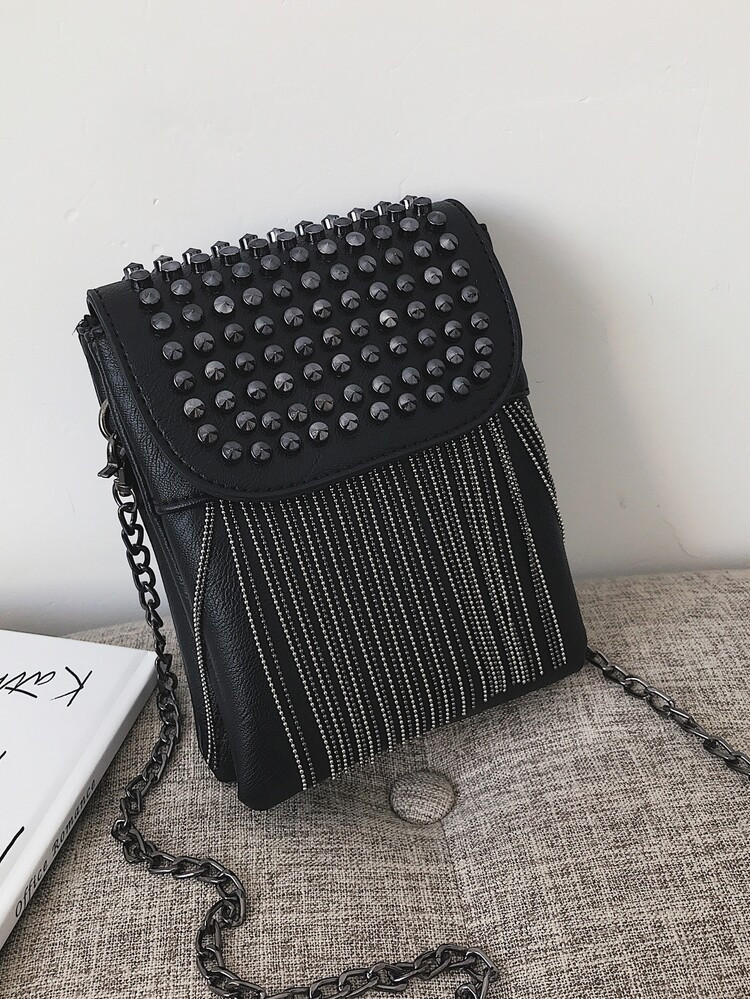 Mini Studded & Fringe Decor Flap Chain Square Bag | SHEIN