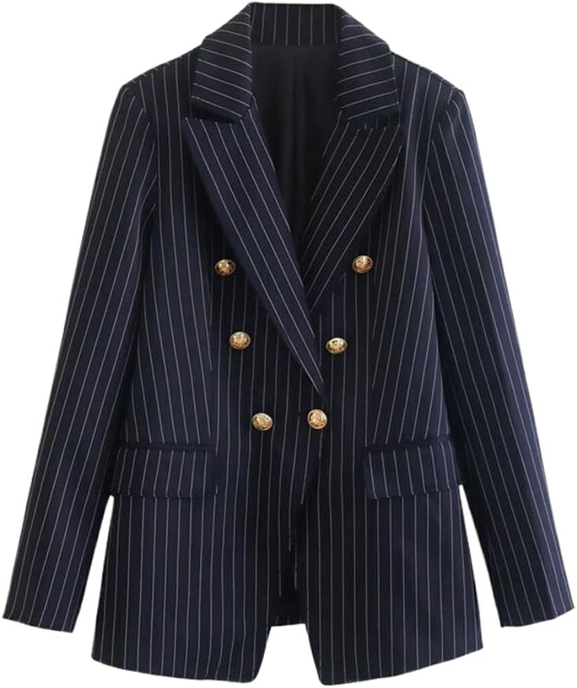 Women's Pinstripe Double-Breasted Suit Commuter Chic Slim Fit Office Lady Navy Blue Matching Colo... | Amazon (US)