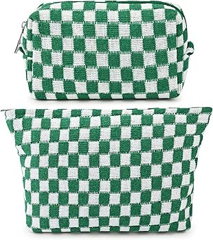 2 Pieces Makeup Bag Large Checkered Cosmetic Bag Green Capacity Canvas Travel Toiletry Bag Organi... | Amazon (US)