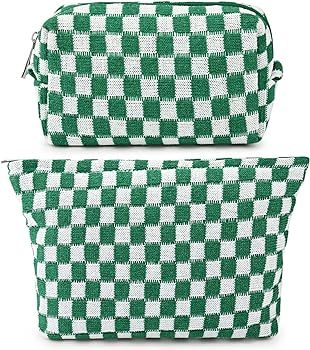 2 Pieces Makeup Bag Large Checkered Cosmetic Bag Green Capacity Canvas Travel Toiletry Bag Organi... | Amazon (US)