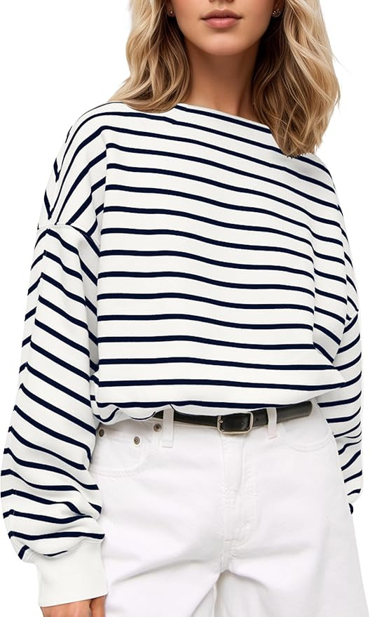 Ythomm Womens Boat Neck Striped Sweatshirts Long Sleeve Pullover Top Shirts Casual Loose Fitted D... | Amazon (US)