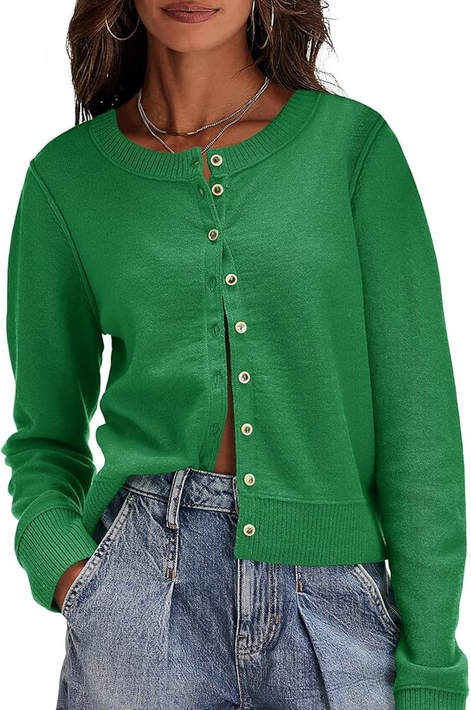 Saodimallsu Womens Button Down Cardigan Sweaters Lightweight Long Sleeve Crew Neck Summer Knit Op... | Amazon (US)