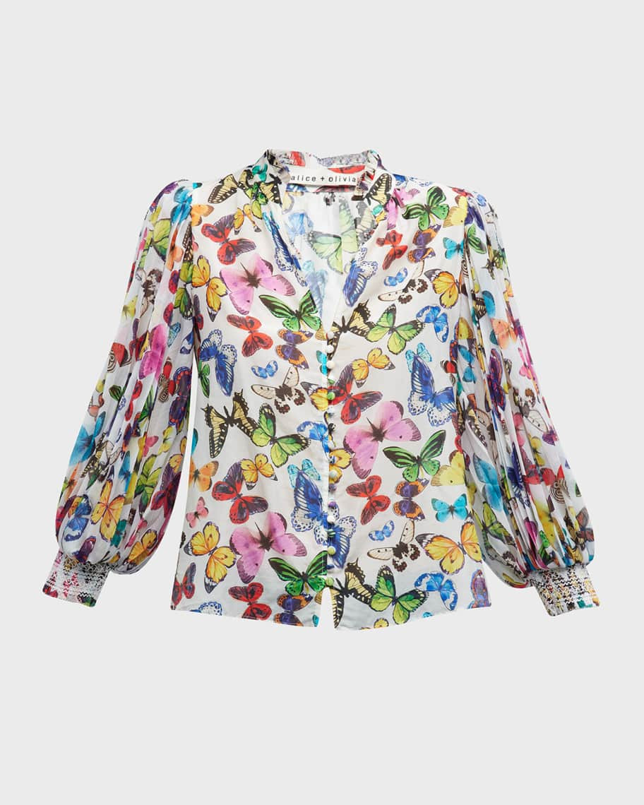 Alice + Olivia Ilan Smocked-Sleeve Button-Front Blouse | Neiman Marcus