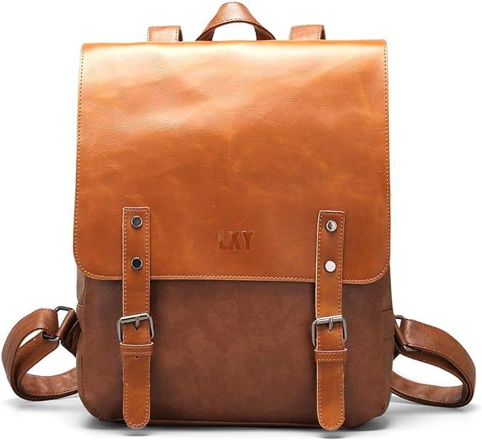 LXY Vegan Leather Backpack Vintage Laptop Bookbag for Women Men, Brown Faux Leather Backpack Purs... | Amazon (US)