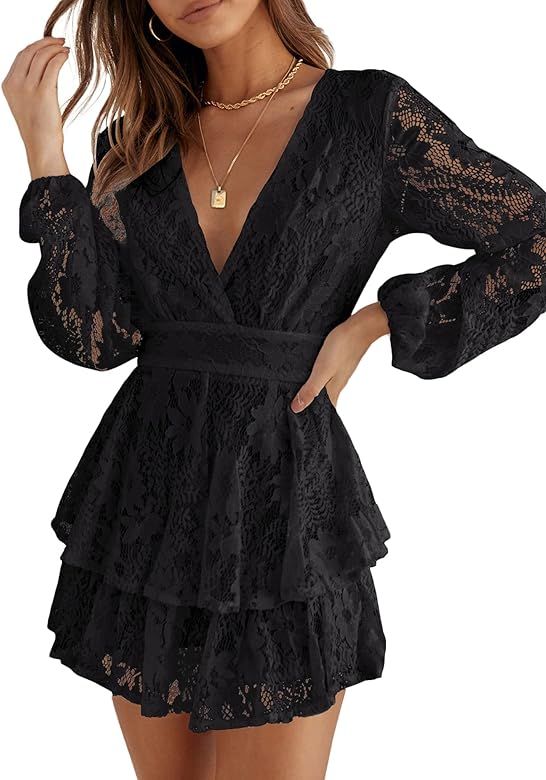 Okiwam Rompers for Women Fall 2023 Long Sleeve V Neck Tie Wasit Wrap Mini Dress Ruffle Hem Romper... | Amazon (US)
