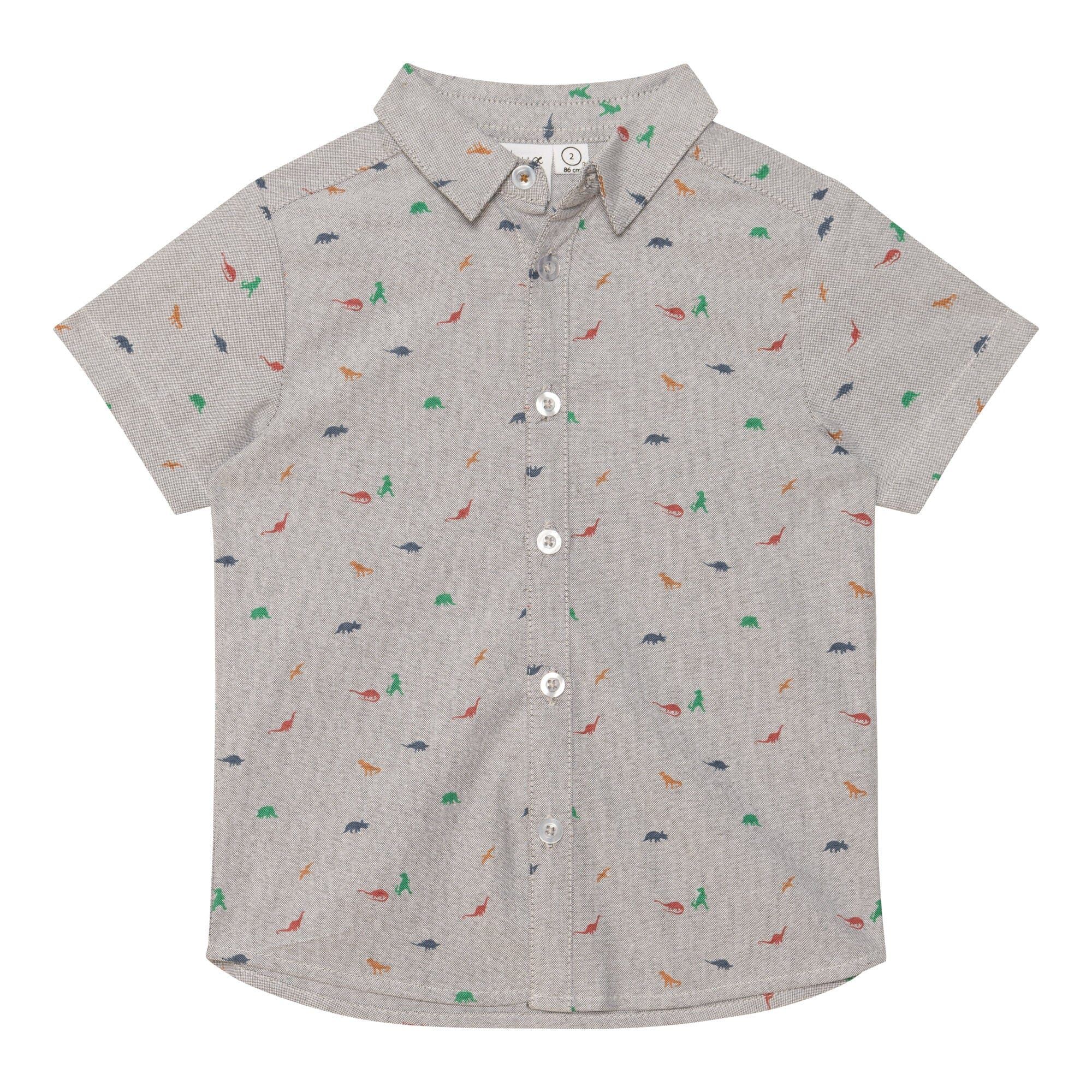 Printed Short Sleeve Shirt Light Grey Mix Mini Dinosaurs | Deux par Deux Childrens Designer Clothing
