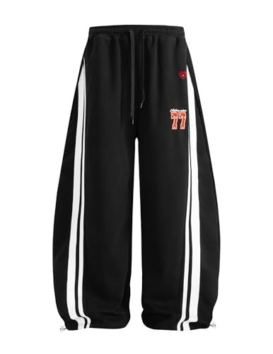 Aelfric Eden Barrel Sweatpants for Mens Side Striped Drawstring Elastic Waisted Wide Leg Lounge Pants with Pockets Black X-Small | Amazon (US)