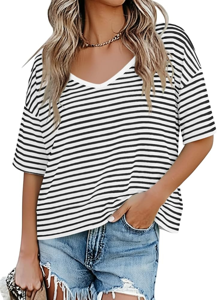 Womens Summer V Neck T Shirts Casual Short Sleeve Flowy Tops Cute Loose Fit Basic Tees | Amazon (US)