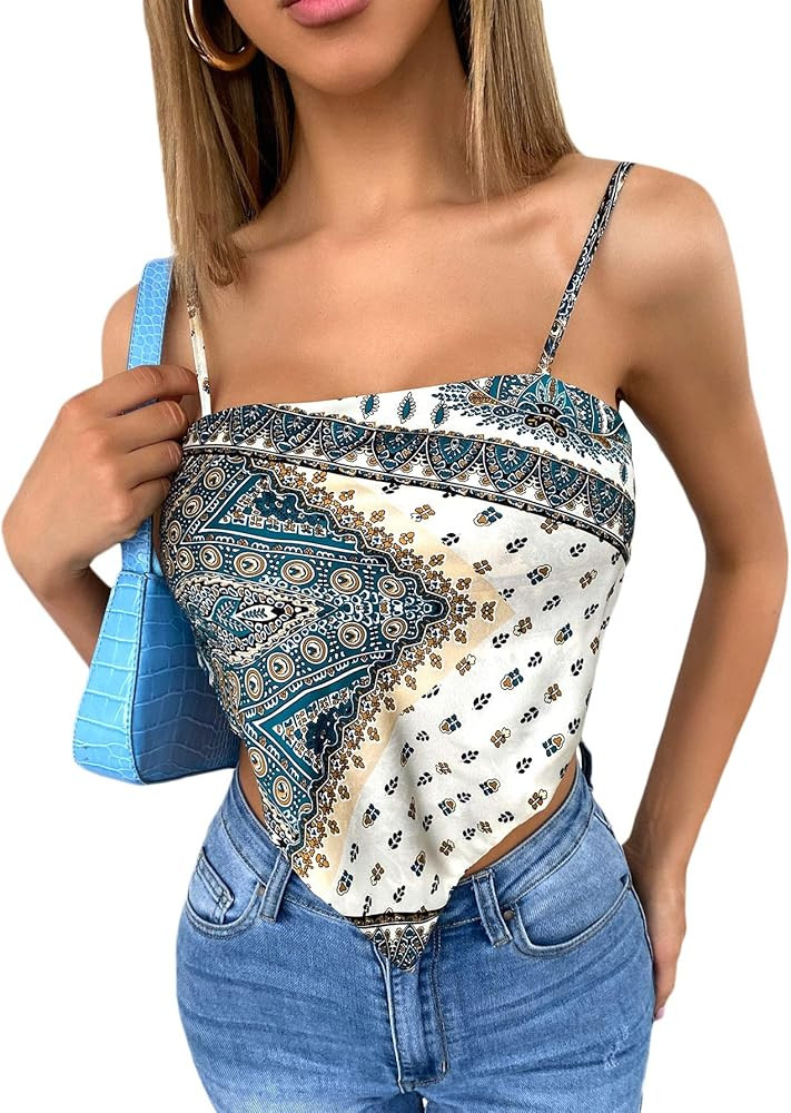 MakeMeChic Women's Tribal Print Tie Back Bandana Cami Crop Top | Amazon (US)