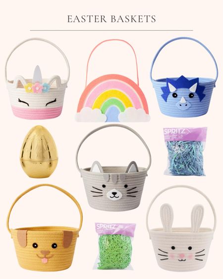 Easter baskets. Kids Easter. Spring baskets. 5” gold plastic fillable egg. Crinkle Easter grass. Rope cat Easter basket. Rope dog Easter basket. Felt rainbow Easter basket. Blue rope dinosaur Easter basket. Unicorn rope Easter basket. White rope bunny Easter basket  

#LTKfindsunder50 #LTKSeasonal #LTKparties