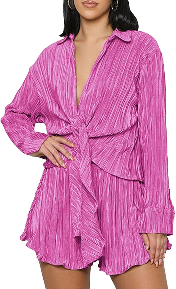 OPOIPIN Women's 2 Pieces Outfits Pleated Deep V Neck Tie Front Long Sleeve Blouse with Shorts | Amazon (US)