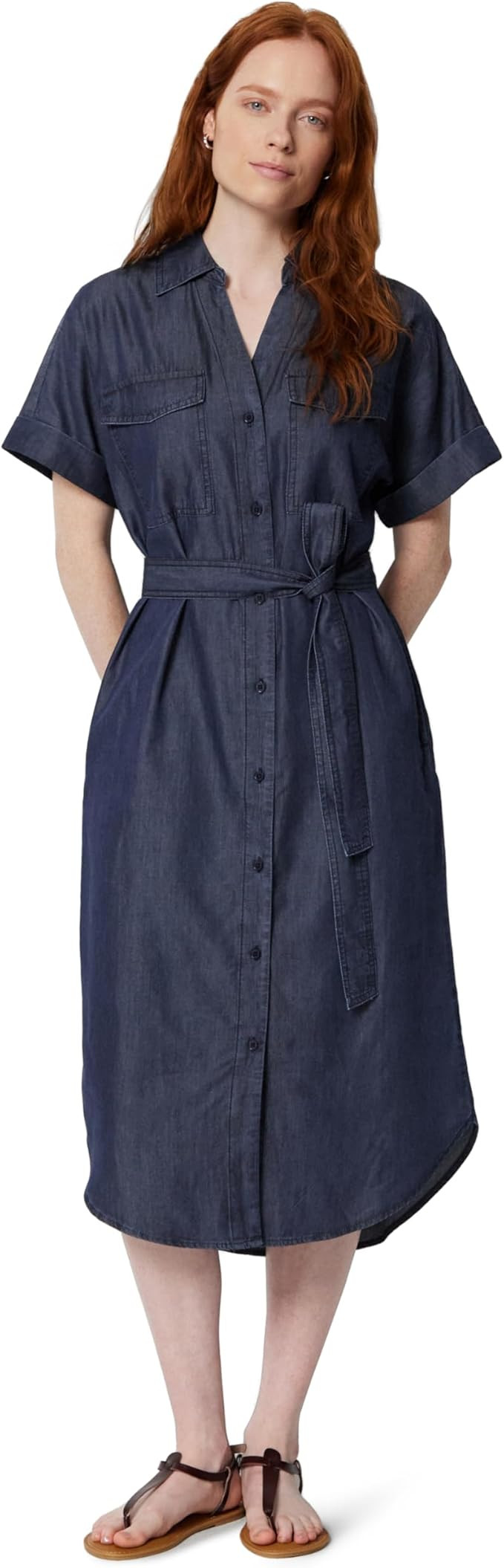 Amazon Essentials Women's Relaxed-Fit Short Sleeve Button-Down Dress with Belt | Amazon (US)