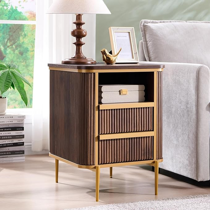OKD Modern Chic Fluted Nightstand Luxury with Charging Station, End Table/Bed Side Table w/2 Draw... | Amazon (US)