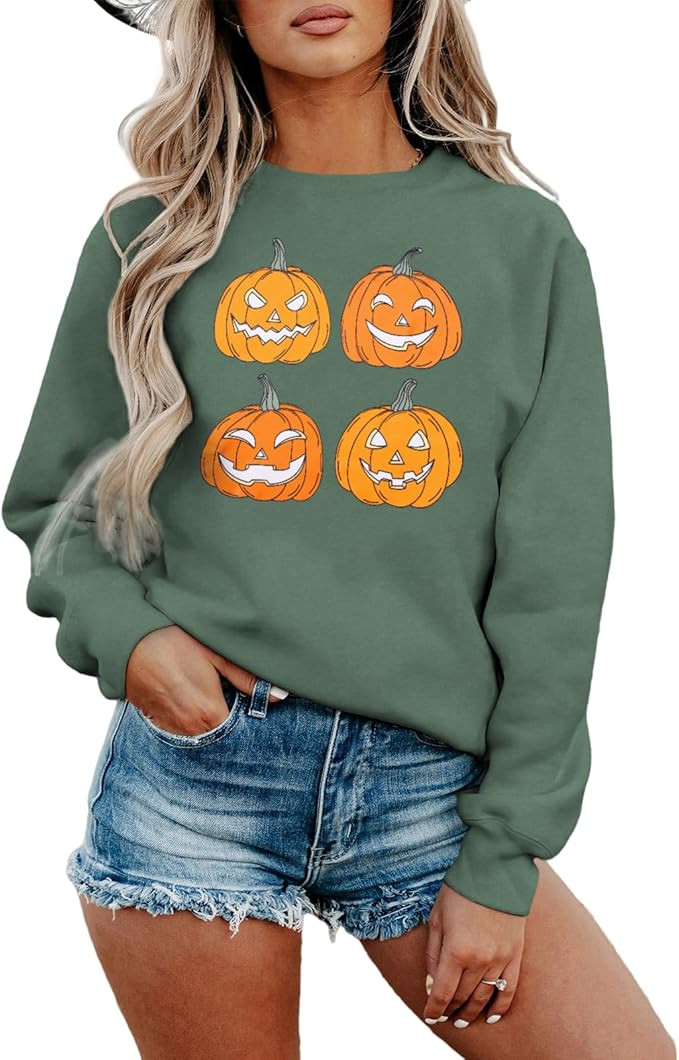 CM C&M WODRO Halloween Women Pumpkin Sweatshirt Funny Pumpkin Face Graphic Pullover Crewneck Long... | Amazon (US)