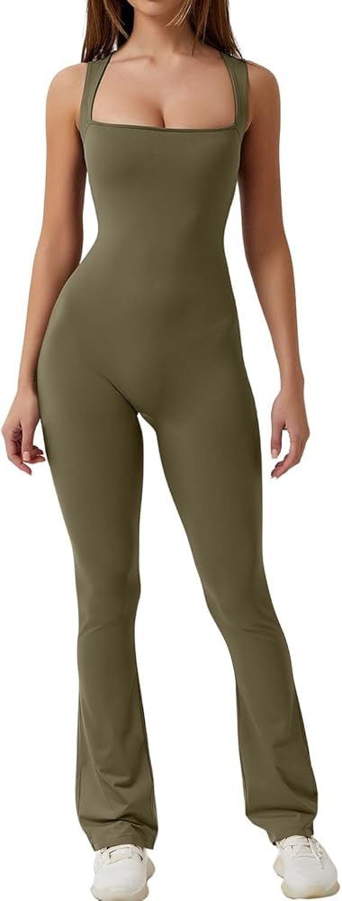 QINSEN Black Jumpsuit for Women Sleeveless Sexy Suqare Neck Stretch Flare Leggings Romper Unitard | Amazon (US)