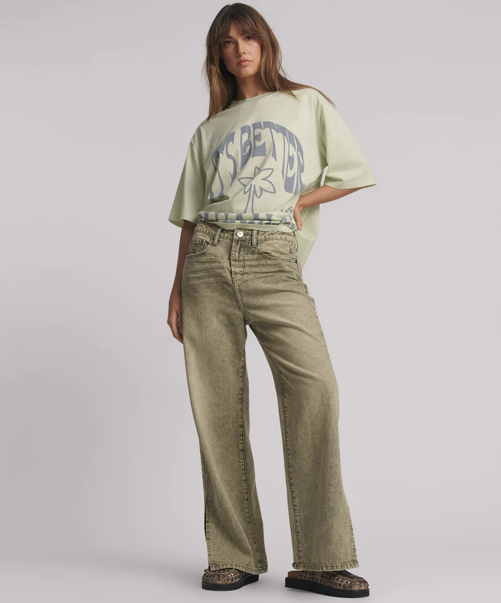 Billie Mid Waist Long Rise Straight Leg Denim Jeans - Burnt Khaki | One Teaspoon | OneTeaspoon