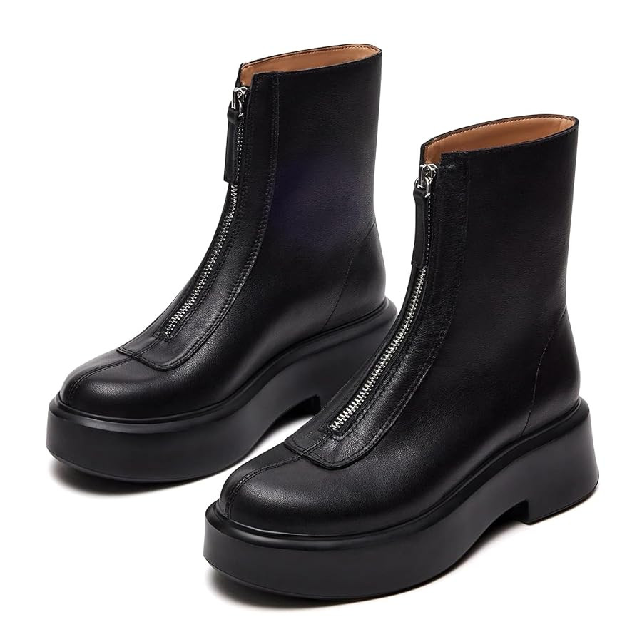 Women's Platform Ankle Boots Leather Boot Chelsea Booties Block Heel Round Toe Short Combat Boots... | Amazon (US)