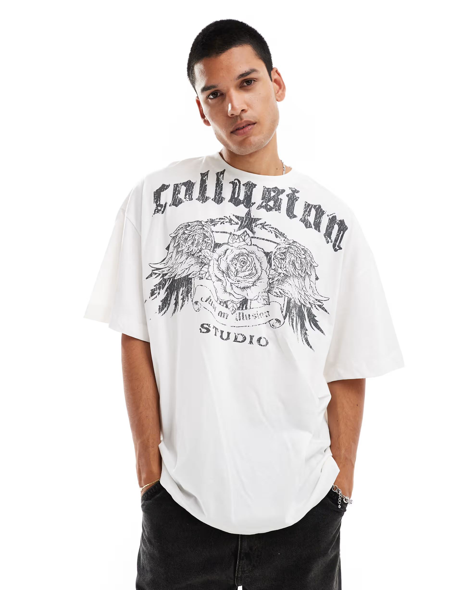 COLLUSION Oversized skate fit t-shirt with rose tattoo design in white | ASOS (Global)
