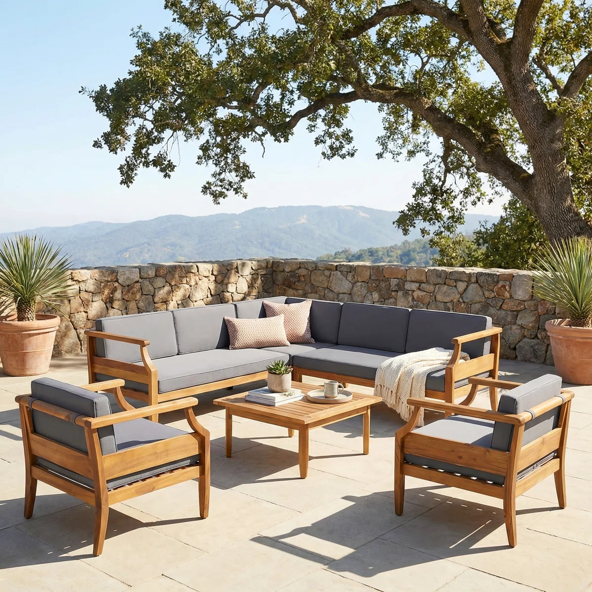 Mcclurg Mid-Century Modern Acacia Wood Outdoor Conversation Set With Sectional, Club Chairs | Wayfair North America