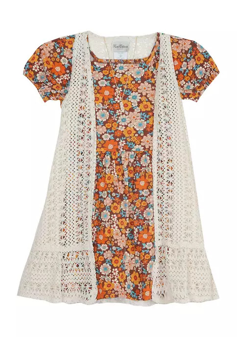 Girls 7-16 Woven Puff Sleeve Dress and Crochet Vest Set | Belk