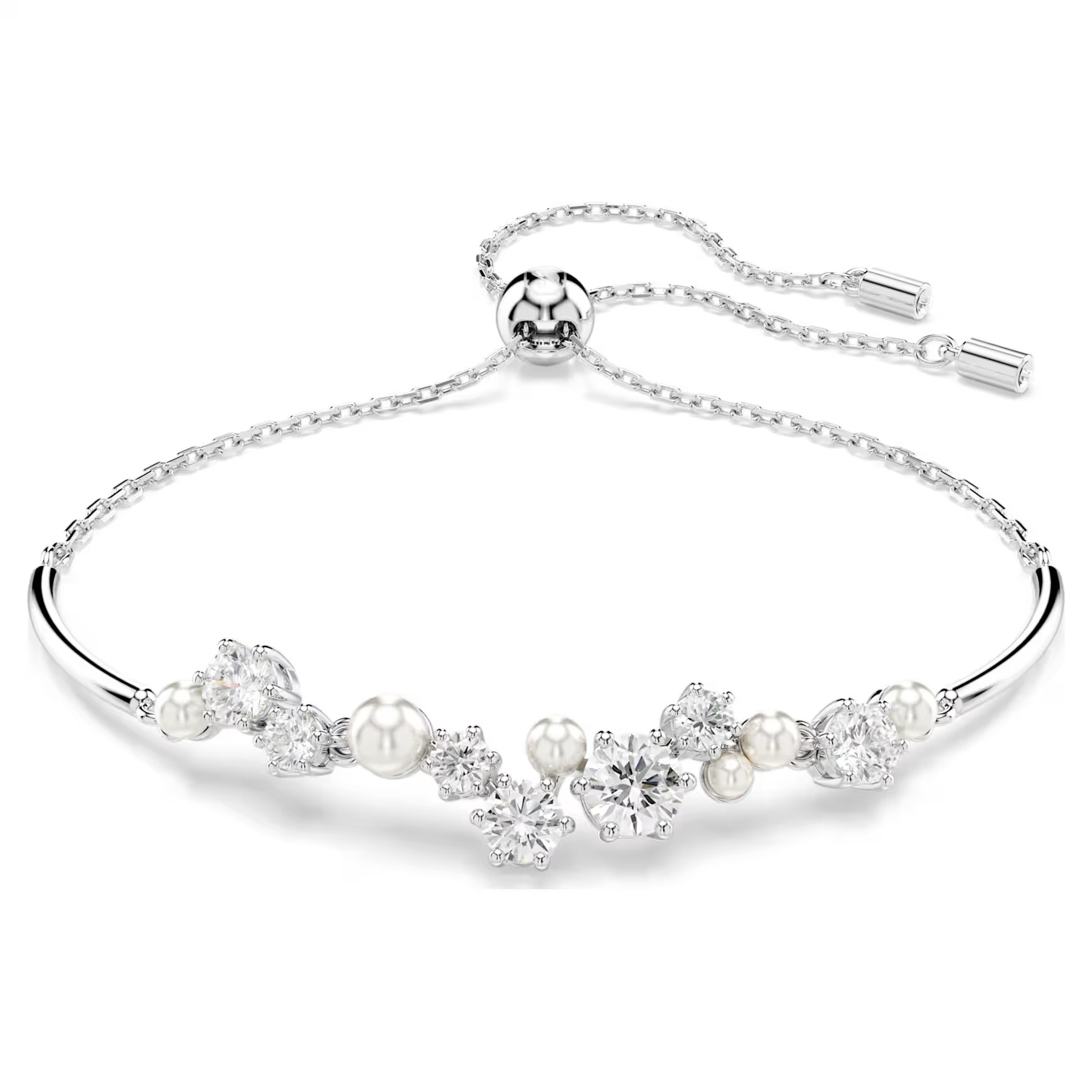 Constella bangle, Crystal pearl, Round cuts, White, Rhodium plated by SWAROVSKI | SWAROVSKI