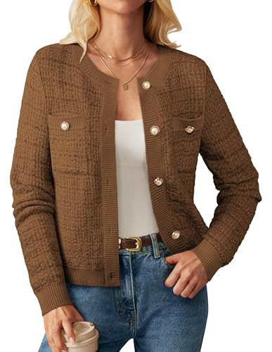 Fall Cardigans for Women Round Neck Tweed Knit Long Sleeve Sweaters Lady Dressy Trendy Clothes Brown | Amazon (US)