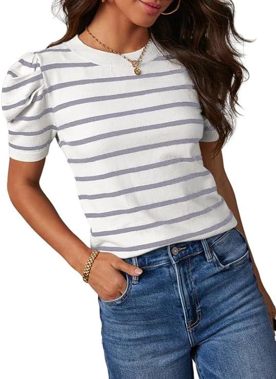 Dokotoo Women's Short Puff Sleeve Knit Tops 2024 Trendy Crewneck Striped T Shirts Casual Summer B... | Amazon (US)