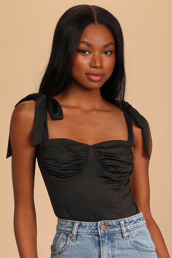 Flirty Upgrade Black Tie-Strap Bustier Bodysuit | Lulus (US)