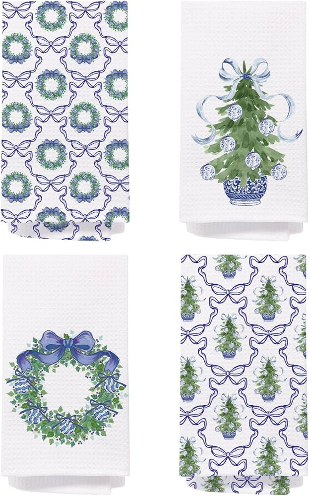 SPBL&L Chinoiserie Christmas Kitchen Towels, Blue Bow Coquette Christmas Tree Dish Towels for Kit... | Amazon (US)