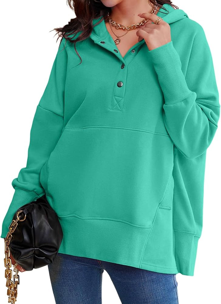 AlvaQ Womens Oversized Sweatshirts Hoodies Fleece Button Neck Hooded Tops Casual Pullover Tunics ... | Amazon (US)