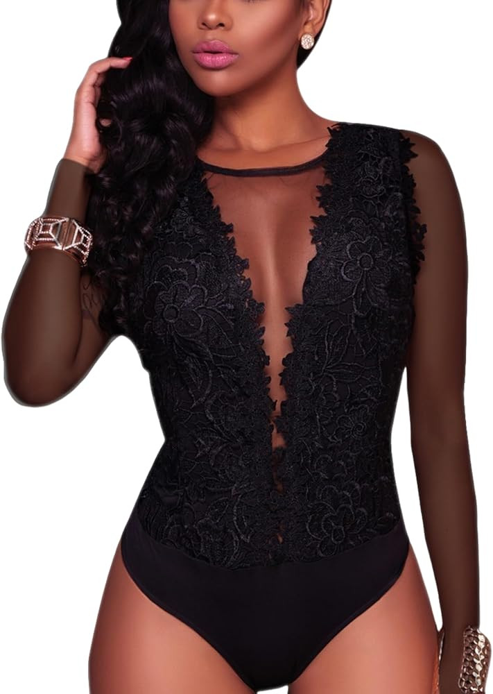 RARITYUS Women Sexy Lace Bodysuit Jumpsuit See Through Mesh Sleeveless/Long Sleeve Tops Swimsuit ... | Amazon (US)