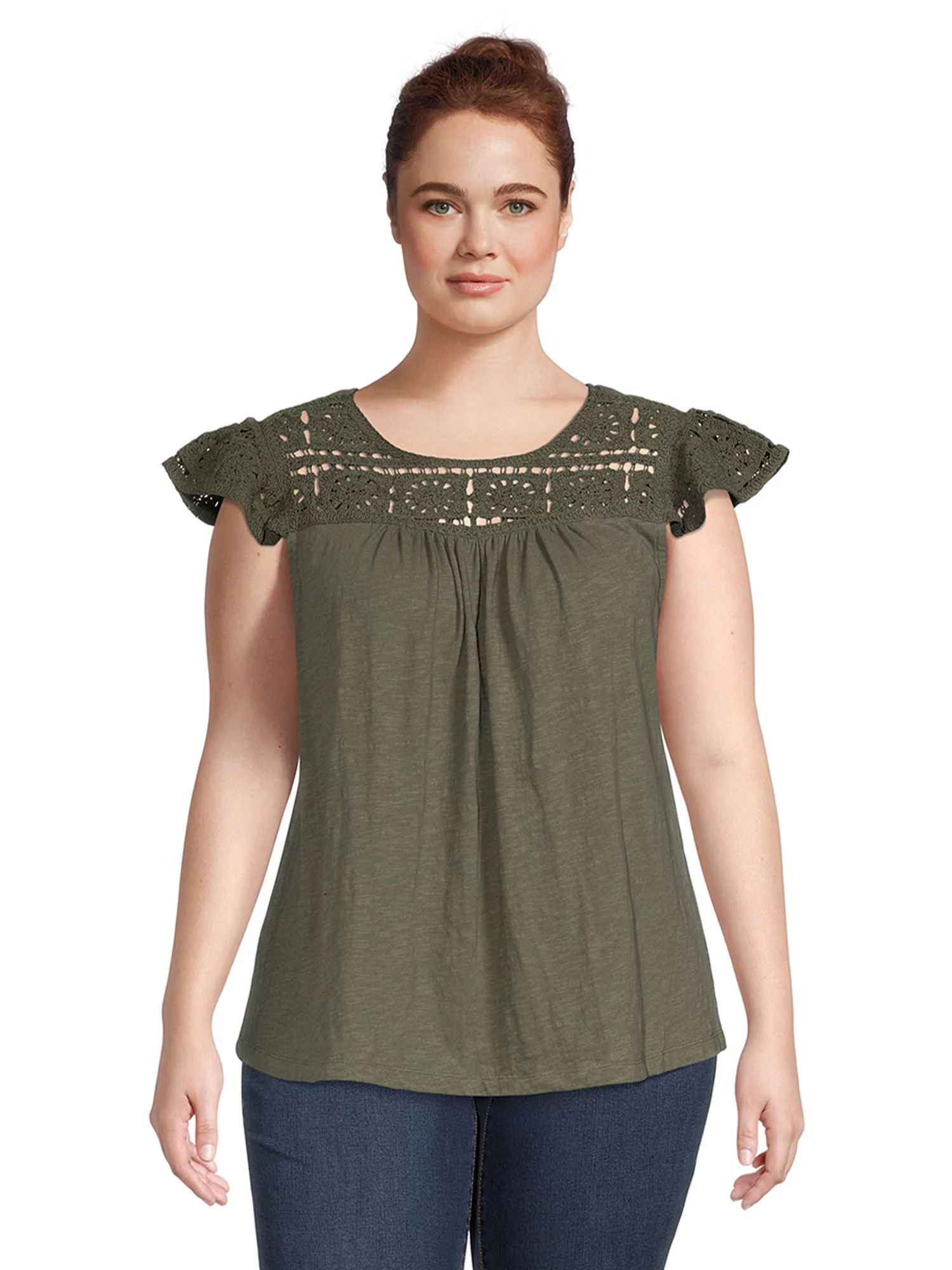 Terra & Sky Women's Plus Size Crochet Mix Top with Flutter Sleeves | Walmart (US)