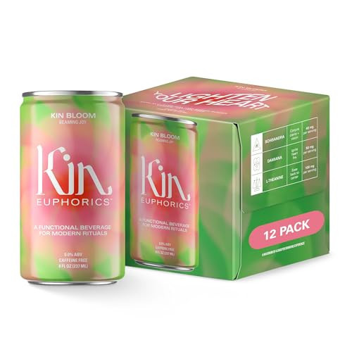 Kin Euphorics Kin Bloom Non-Alcoholic Functional Beverage | All day rosé | Elevate Your Mind & Spirit | Prebiotic | L-Theanine, Schisandra, Damiana | Ready to Drink | 8 Fl Oz (12pk) | Amazon (US)