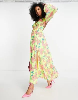 ASOS DESIGN soft shirred waist open back maxi dress in yellow floral | ASOS (Global)