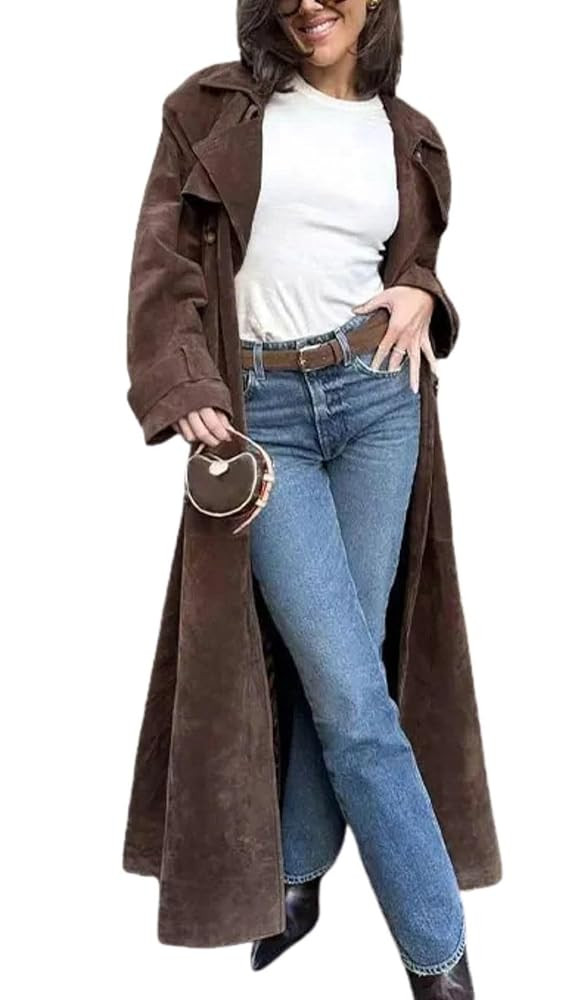 utcoco Womens Faux Suede Long Trench Coat Notched Lapel Double Breasted Pea Coat Overcoat with Be... | Amazon (US)