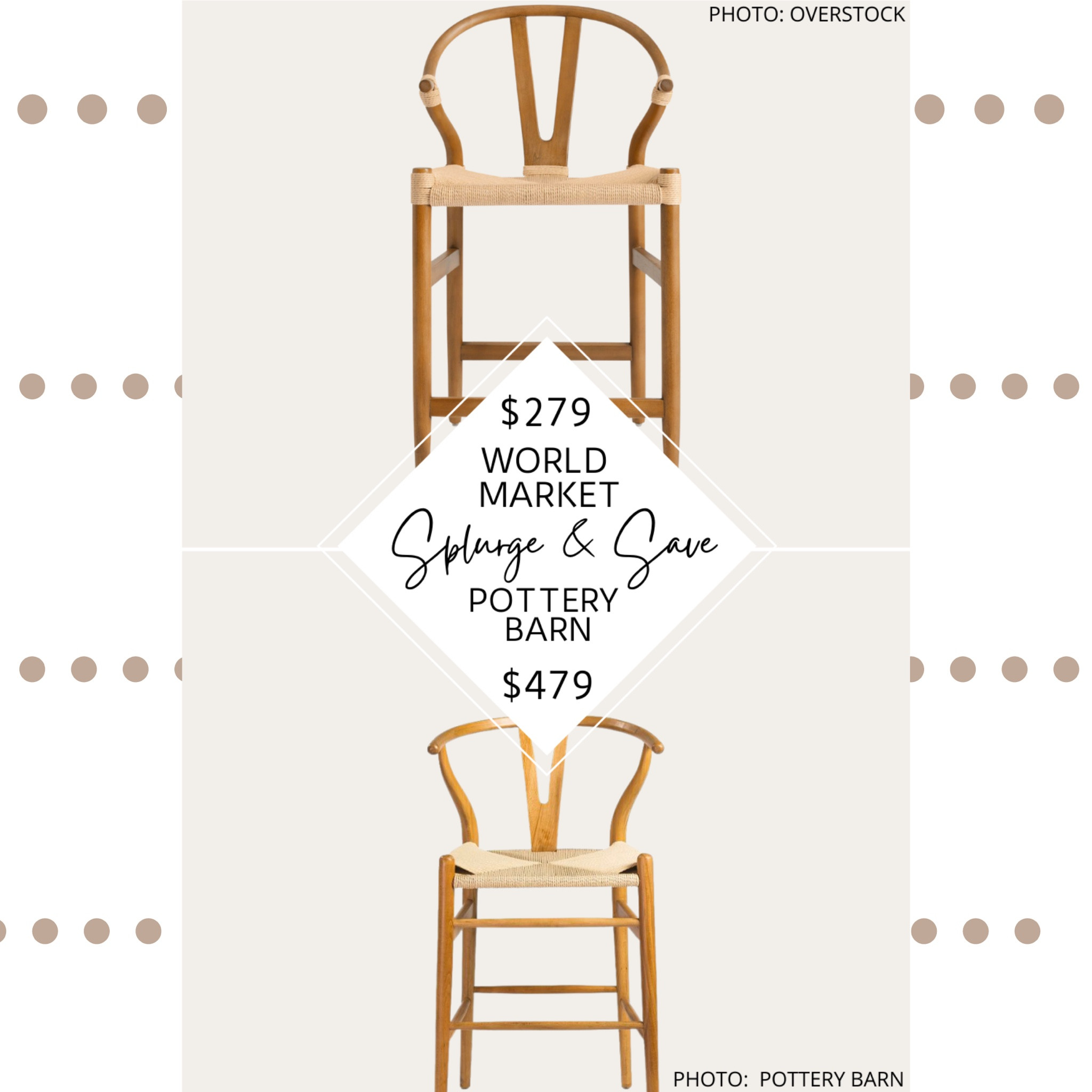 If you love wishbone chairs, this find is for you. In fact, this find came from a request by one of you! If you’re not sure what a wishbone chair is, you’re looking at it. Also known as a Y Chair, it has roots in Danish design and is named for its Y (or wishbone-shaped) backrest. 

Pottery Barn’s Faith Bar and Counter Stools come in two sizes and four color combinations.  They are made of beech wood and rush rope and they range in price from $479-$779 each.

I found wishbone chairs at Overstock, Walmart, World Market, Wayfair, and France and Son. They are available in brown, black, neutral, white, and tan, and most are available in both a counter stool or a bar stool version.

#kitchen #kitchenisland #seating #barstools #counterstools #wishbone #chairs #potterybarn #decor #furniture #lookforless #dupe #copycat #dupes #scandinavian #design.  Kitchen island seating.  Kitchen island chairs.  Counter stools.  Bar stools.  Pottery Barn Faith Counter Stool dupe.  Pottery Barn Faith Bar Stool dupe.  Look for less.  Pottery Barn kitchen.  Pottery Barn bar stools.  Pottery Barn seating.   Wishbone stools.  Wishbone counter stools. Wishbone bar stools.  Scandinavian stools.  Home decor.   

#LTKstyletip #LTKsalealert #LTKhome