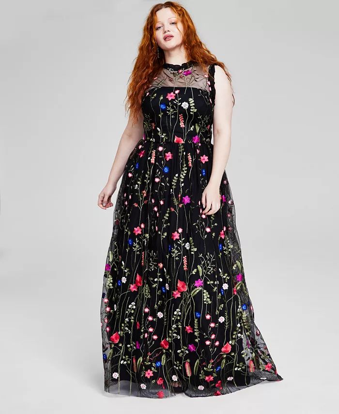 City Studios Trendy Plus Size Ruffle-Trim Embroidered Gown, Created for Macy's - Macy's | Macy's