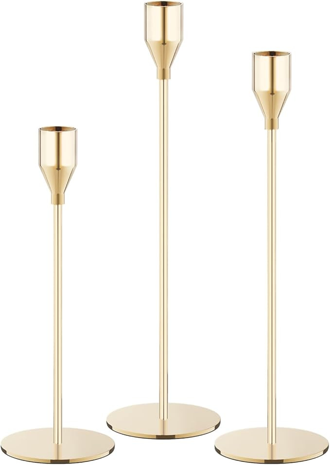 Gold Taper Candle Holders, Set of 3 Metal Candlestick Holders for Candle Sticks Holder Decor, Ide... | Amazon (US)