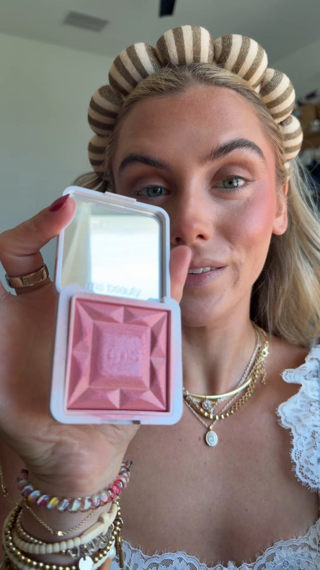 @RMS Beauty French rose is the shade. What It Is:
Multi-dimensional, nourishing powder blush.

What It Does:
It glides on effortlessly, infusing skin with multi-dimensional life as the bouncy, light-as-air gel blends and builds color.

What Makes It Special:
The sugar-derived wet powder technology combines a creamy texture with a long-lasting 3D finish. Skin-loving ingredients like wildcrafted buriti and organic jojoba oils nourish and smooth.

#LTKgrwm #LTKselfcare #LTKBeauty