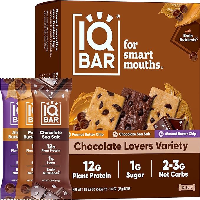 IQBAR Brain and Body Plant Protein Bars - Chocolate Lovers Variety - 12 Count, Low Carb, High Fib... | Amazon (US)
