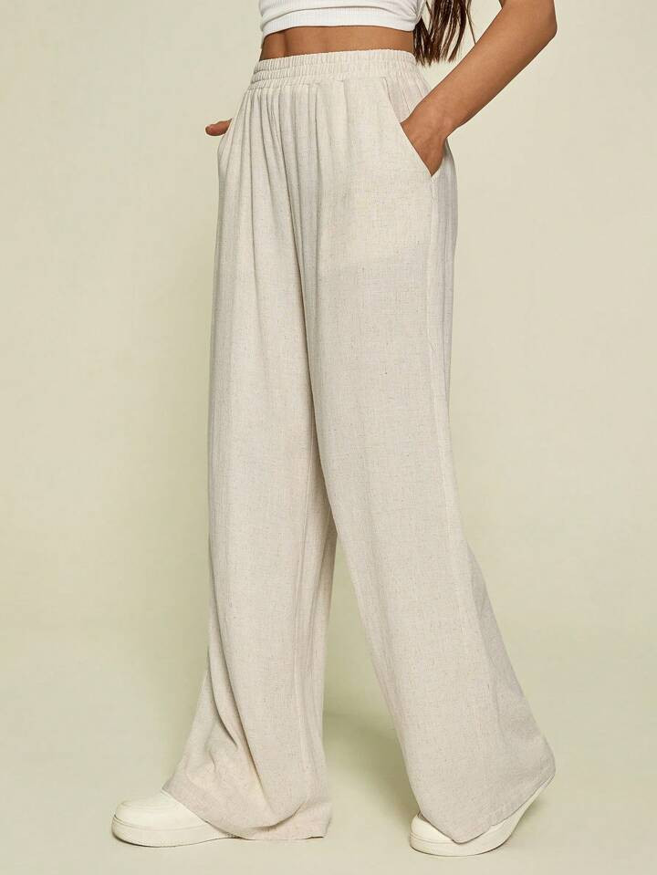 SHEIN Tall Solid Slant Pocket Linen Wide Leg Pants Work Pants | SHEIN