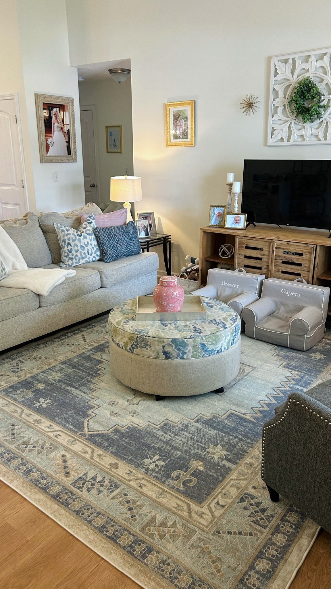 Home decor: new living room rug: sky blue oriental & other decor pieces: kids pottery barn chairs, lumbar pillows, and pink ginger jar linked 🤍

#LTKHome #LTKSaleAlert #LTKdayinmylife