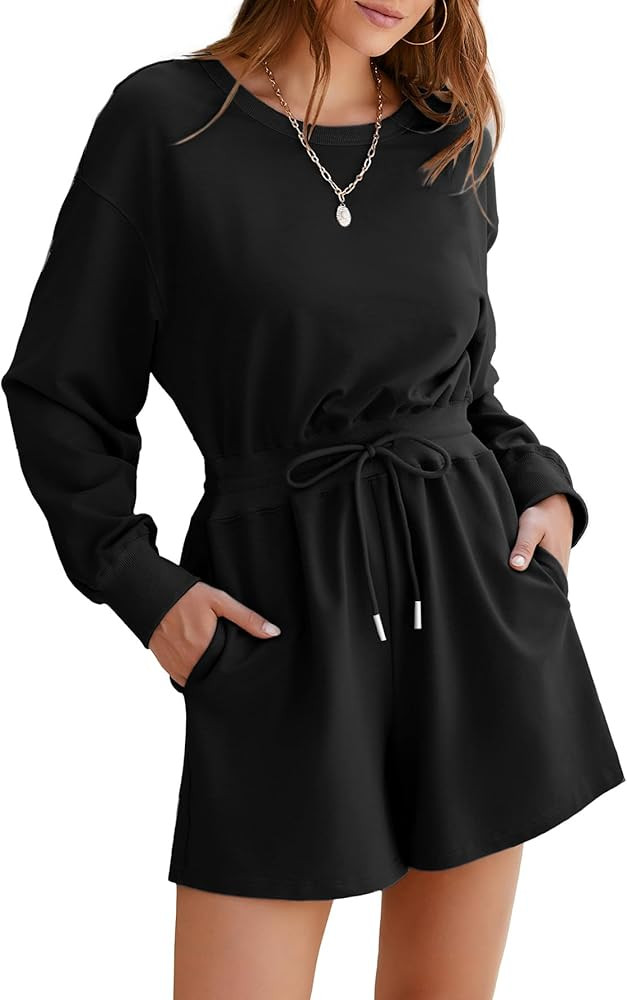 Glamaker Women's Long Sleeve Summer Romper Open Back Casual Loose Fit Crew Neck Drawstring Shorts... | Amazon (US)