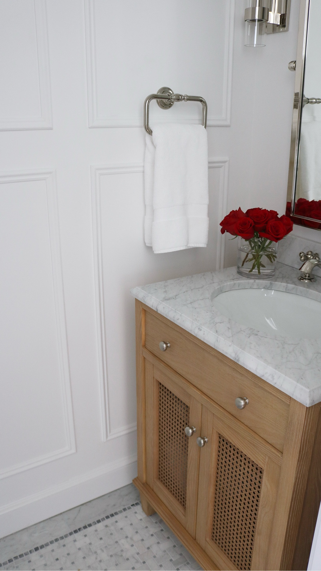 Powder bathroom vanity with marble countertop

Kohler faucet 
Polish nickel bathroom finishes
Pottery Barn vanity 
Bathroom decor 
Small bathroom

#LTKHome