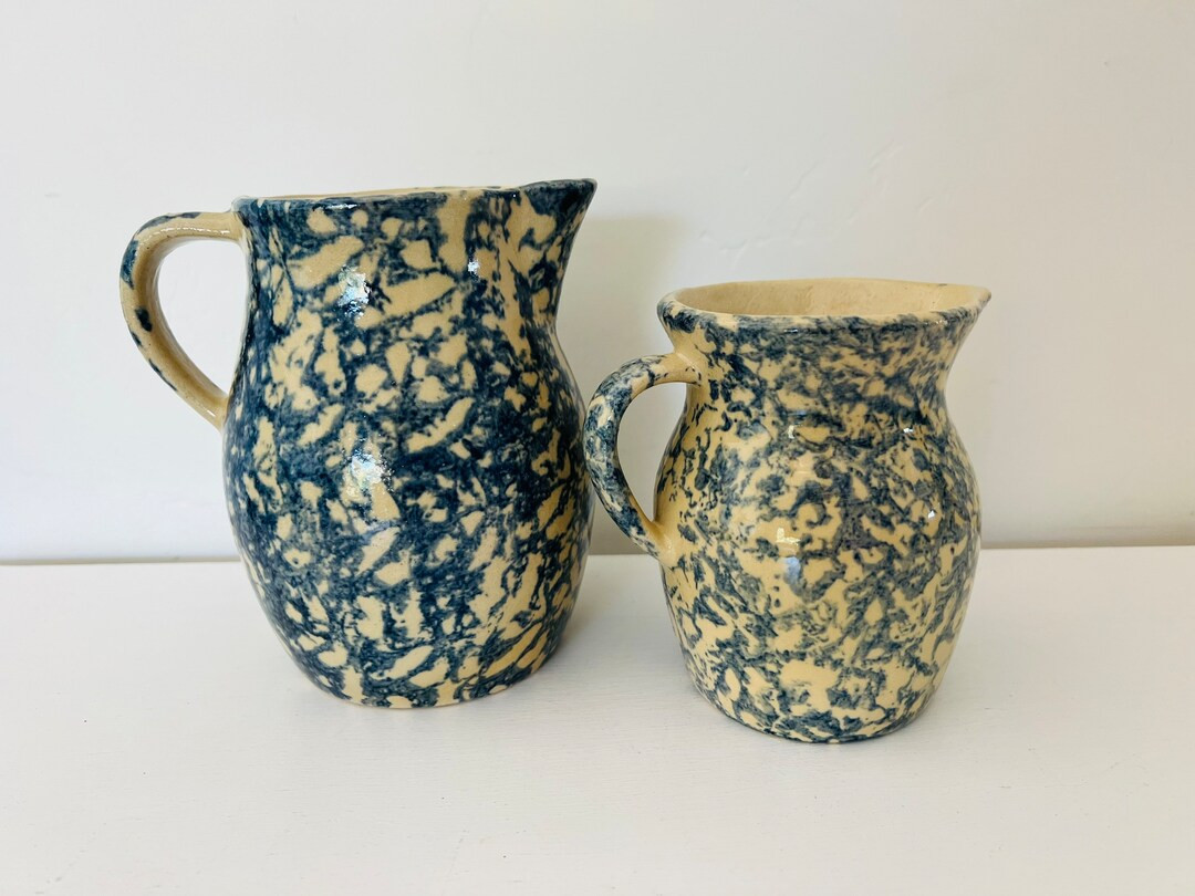 Blue Spongewear Pitcher Set Of Two Roseville Ohio USA Pottery Country Farmhouse Homestead Kitchen... | Etsy (US)