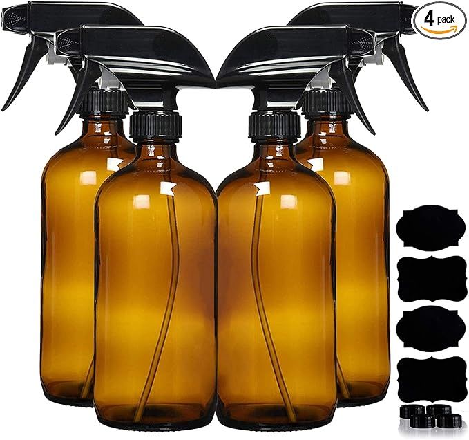 Amber Glass Spray Bottles For Cleaning Solutions (4 Pack) - 16 Ounce, Refillable Sprayer for Esse... | Amazon (US)