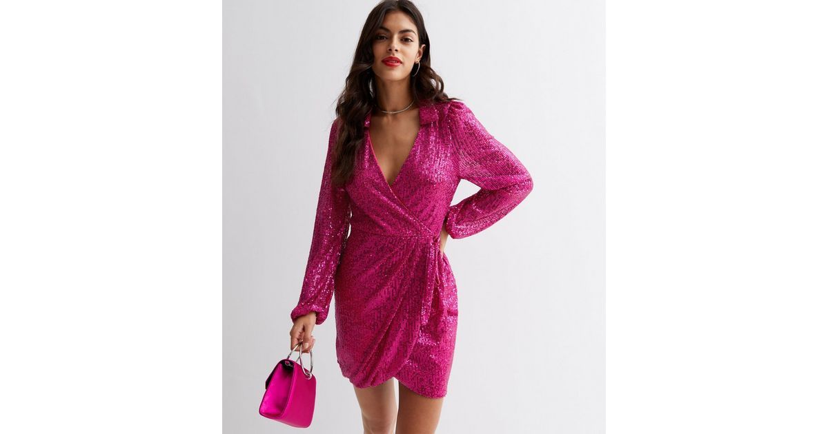 Bright Pink Sequin Collared Long Sleeve Mini Wrap Dress | New Look | New Look (UK)